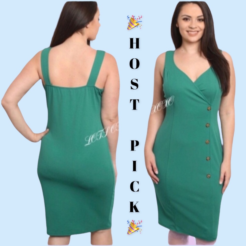 ❌DONATED❌Green V-neck Overlap Button Front Sheath Plus Size Dress - Picture 1 of 10